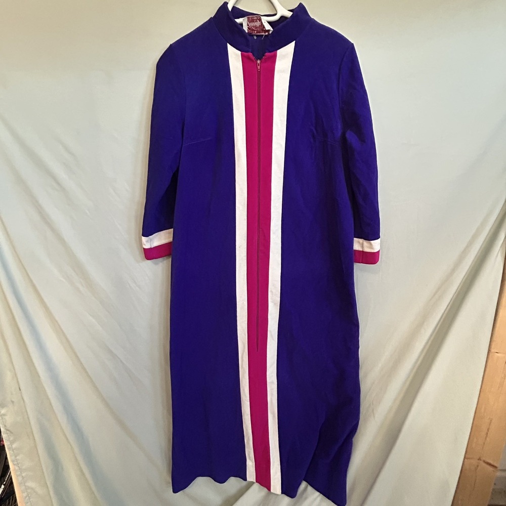 Vintage 70s Vanity Fair Velour Robe Size S Royal Blue Magenta White Stripe Retro